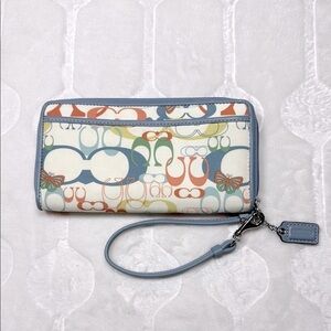 Coach Wristlet Wallet Multicolor Butterfly Print Canvas Blue Trim Zip Around